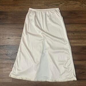 Vintage Ivory Nylon half Slip Satin skirt Elastic Waist Lace Trim Back Slit Y2K